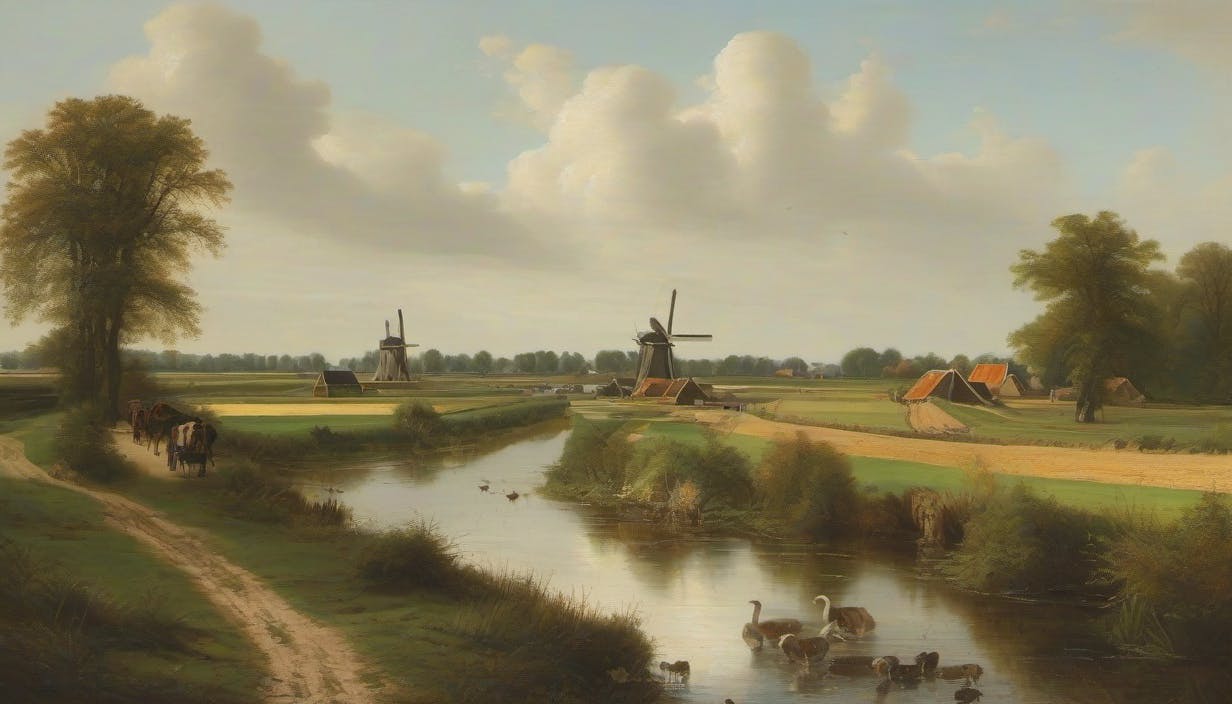 A Dutch lanscape with a windmill and houses