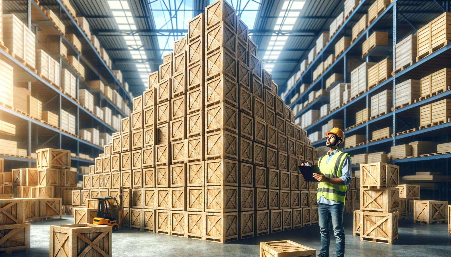 An engineer in a high vis vest and hard hat with a clipboard inspecing a ridiculously sized pyramid of crates in a warehouse