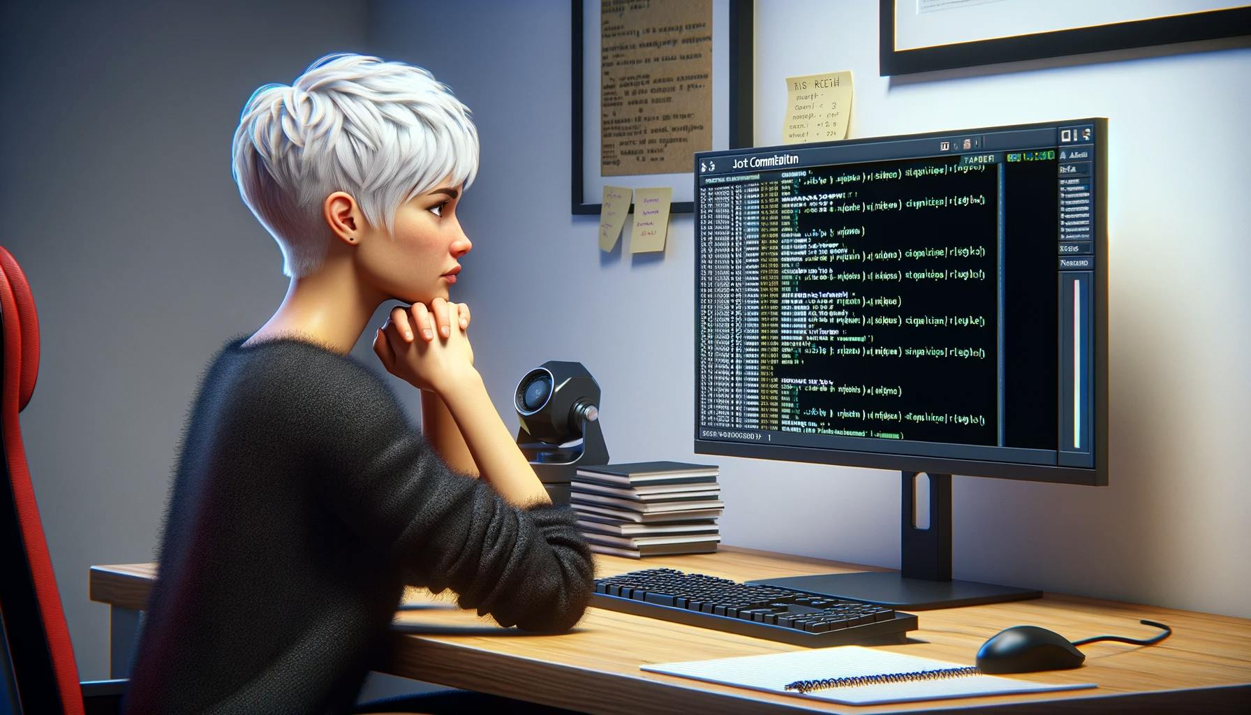 A woman with a pixie haircut looking at a computer in an office environment, waiting for her code to compile.