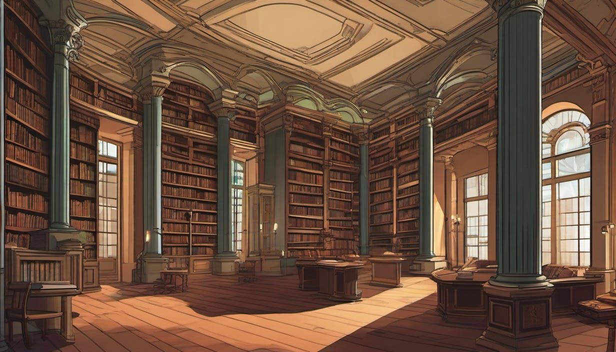 The interior of a grand library, with bookshelves on the walls and bluegreen pillars spaced throughout