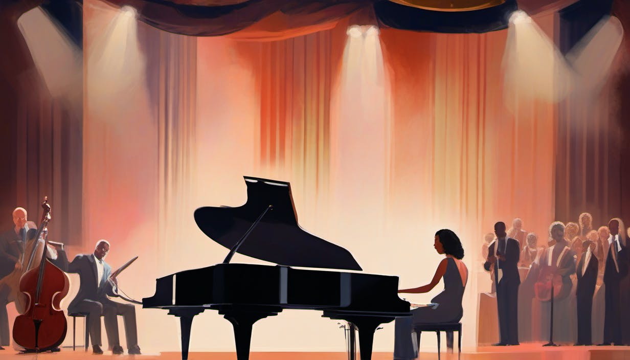A grand pianist playing a grand piano on stage with red curtains