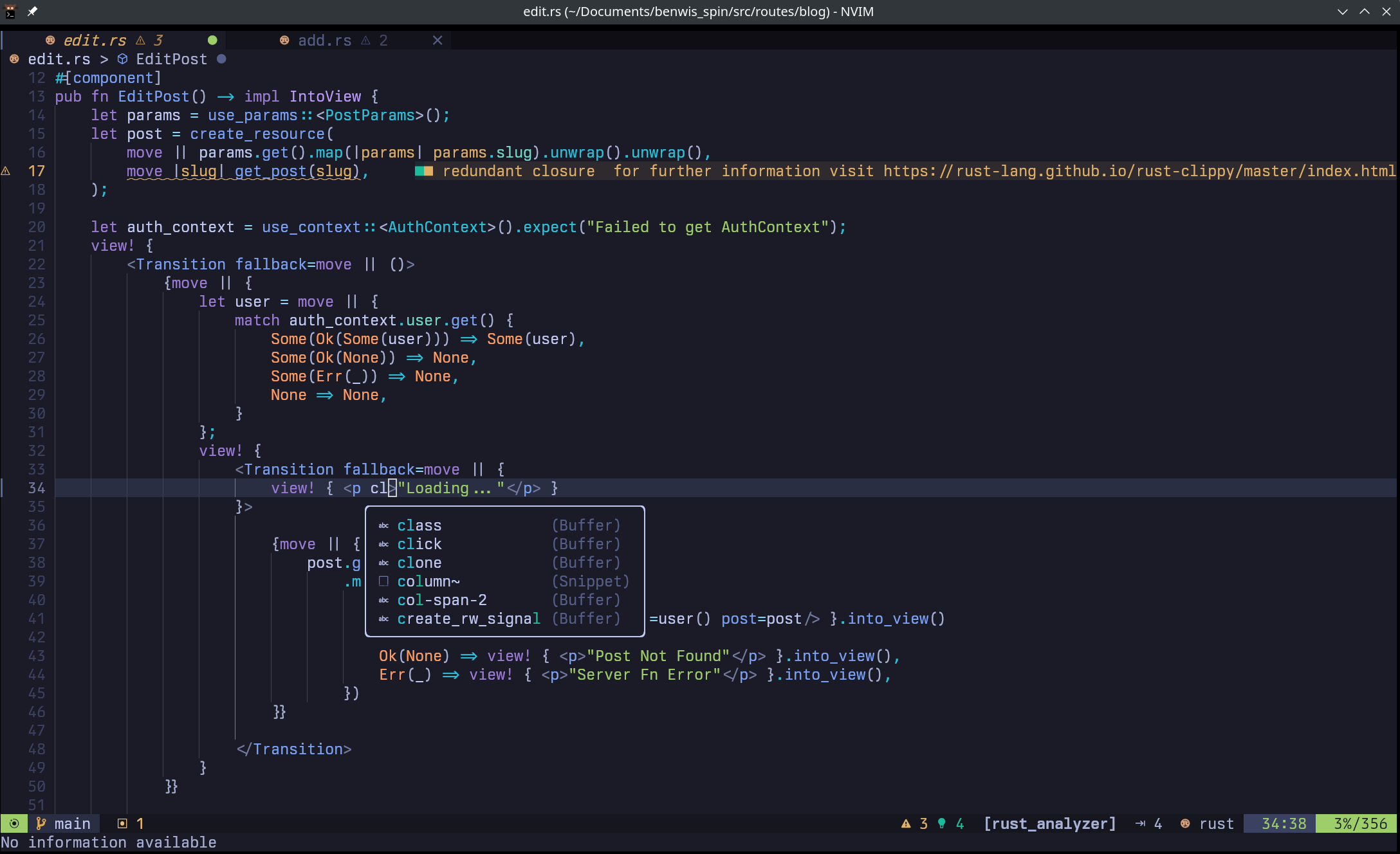 Neovim window editing a Leptos file with autocompletion, intellisense, and all the goodies