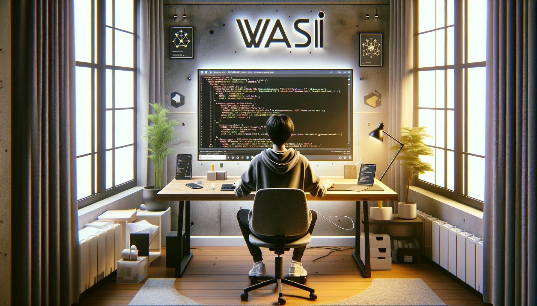 A person in a hoodie sitting at a computer desk using a computer, with a large screen with code on the wall and the wasi illuminated above that