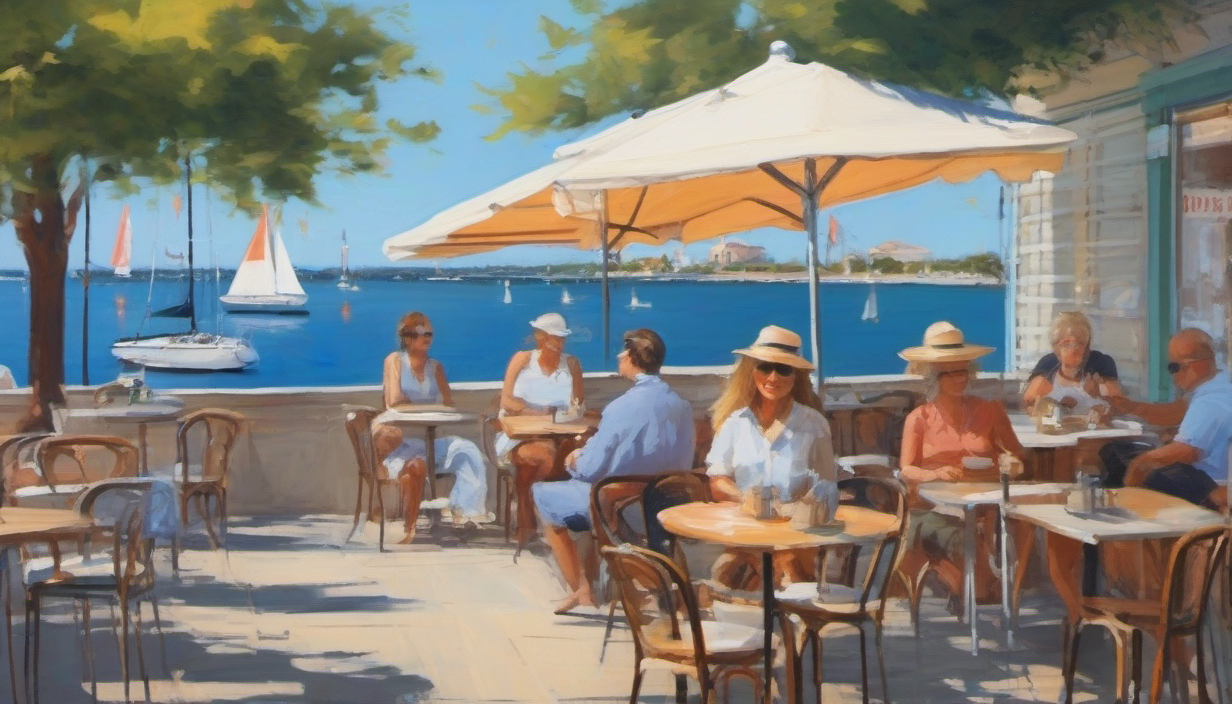 A few people sitting at a French cafe overlooking a bay containing sailboats on a beautiful day