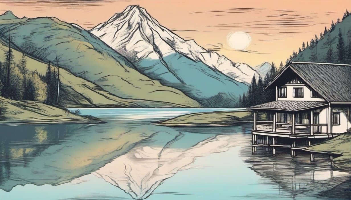 A drawn picture of a mountain lake with a lakeside house during sunset