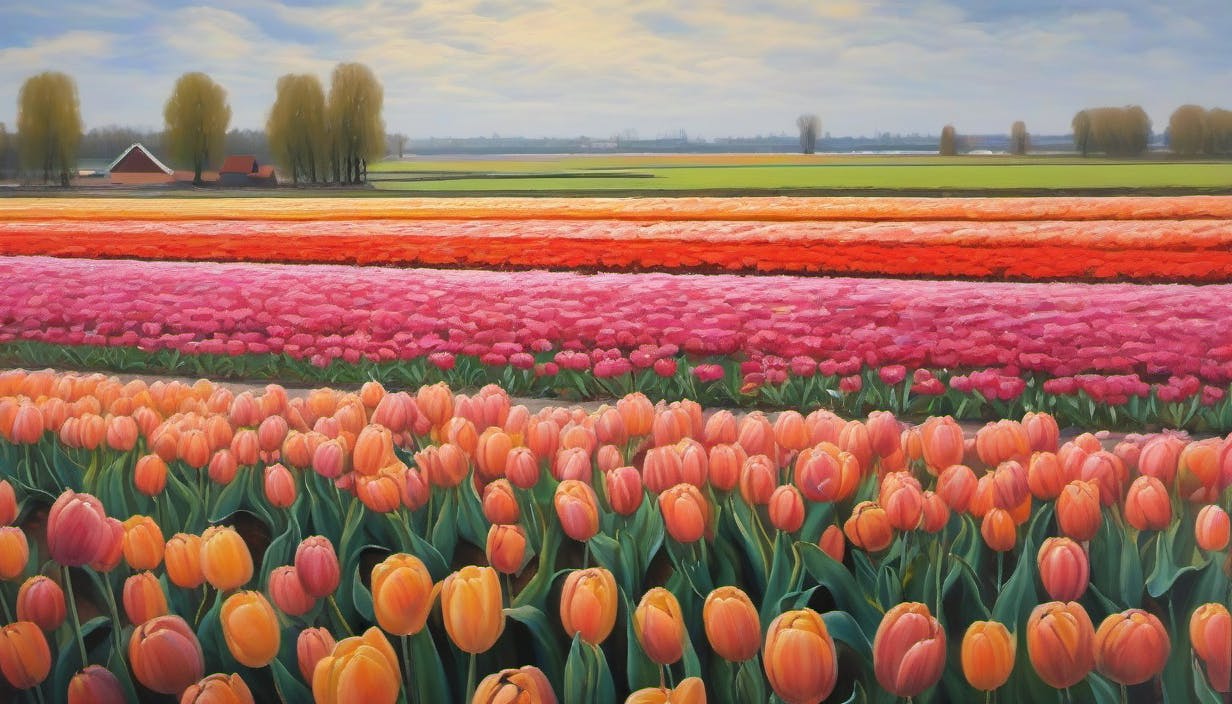 A painting of fields filled with tulips